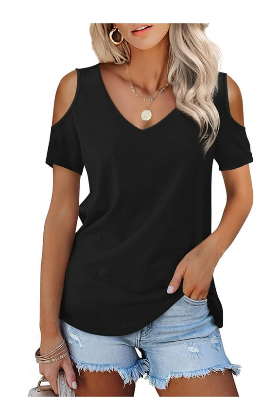 Women T Shirts Tops Summer Short Sleeve V Neck Cold Shoulder Tee Shirt Basic Black Blouse Top Size XL