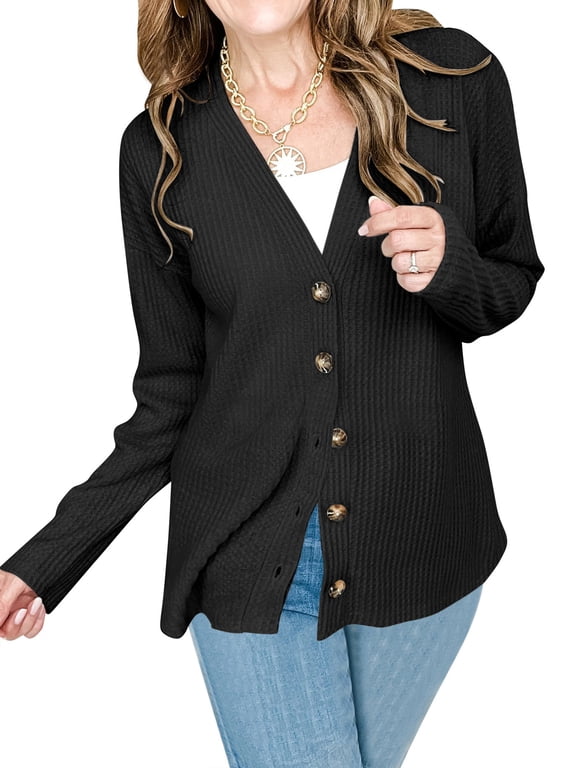 Womens Cardigan Long Sleeve Shirts for Women Buttons Down V Neck Waffle Knit Lightweight Black Cardigan for Women Fall Shirt Winter Clothes M