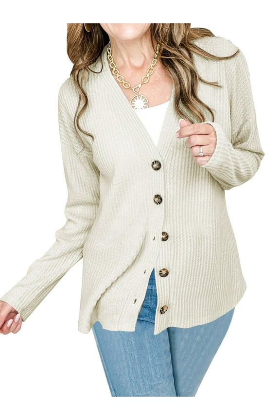 Women Tops Buttons Down Long Sleeve Shirts for Women V Neck Waffle Knit Lightweight Ladies Cardigan for Women Fall Shirt Winter Clothes S