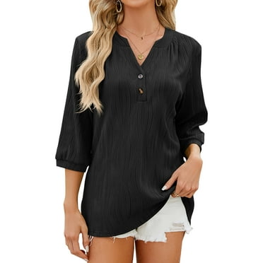 SHIBEVER Womens Tops Casual 3/4 Sleeve Button Down Tunic Tops Loose Fit V Neck Trendy Soild Color Black Texture T Shirts