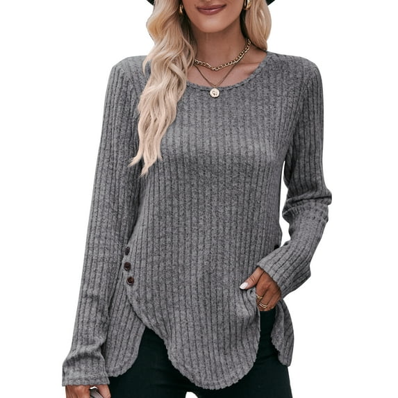 SHIBEVER Women Tops Fall Casual Long Sleeve Knit Tunic Tops Crewneck Side Split Blouses Trendy Soild Color GRAY Tshirts Size XL