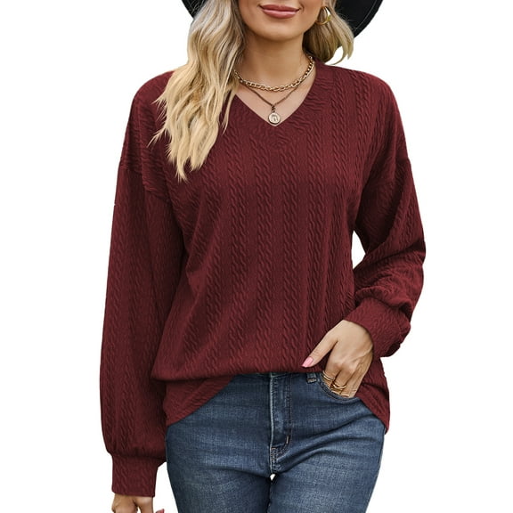 SHIBEVER Women Tops Fall Casual Long Sleeve Knit Tunic Tops Fashion V Neck Blouses Soild Color Winered Loose Tshirts for Women Size L