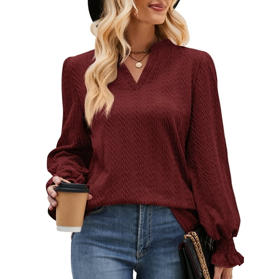 SHIBEVER Women Tops Fall Casual Long Sleeve Knit Tunic Tops Fashion V Neck Blouses Soild Color Winered Loose Tshirts for Women Size XL