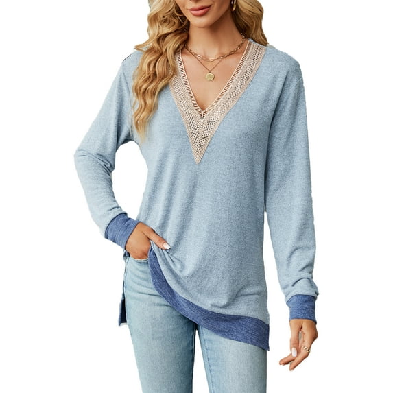 SHIBEVER Women Tops Fall Casual Long Sleeve Loose Fit Knit Tunic Tops V Neck Lace Blouses Comfy Trendy Soild Color Blue Tshirts Size M