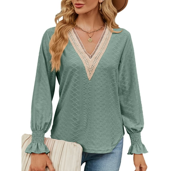 SHIBEVER Women Tops Fall Casual Long Sleeve Loose Fit Tunic Tops V Neck Lace Blouses Comfy Trendy Soild Color GREEN Tshirts Size L