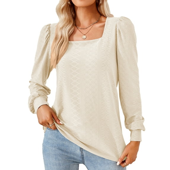 SHIBEVER Women Tops Fall Casual Loose Fit Long Sleeves Blouses Fashion Dressy Square Neck Soild Offwhite Shirts for Women Clothes Size XL