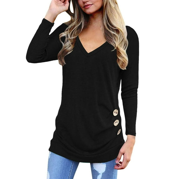 SHIBEVER Women Tops Fall Long Sleeve Tunics Tops Fashion Casual V Neck T-Shirts Cute Buttons Side Tops Black Blouses Size XL