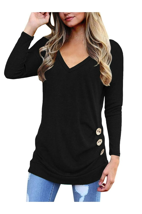 Women Tops Fall Long Sleeve Tunics Tops Fashion Casual V Neck T-Shirts Cute Buttons Side Tops Black Blouses Size XXL