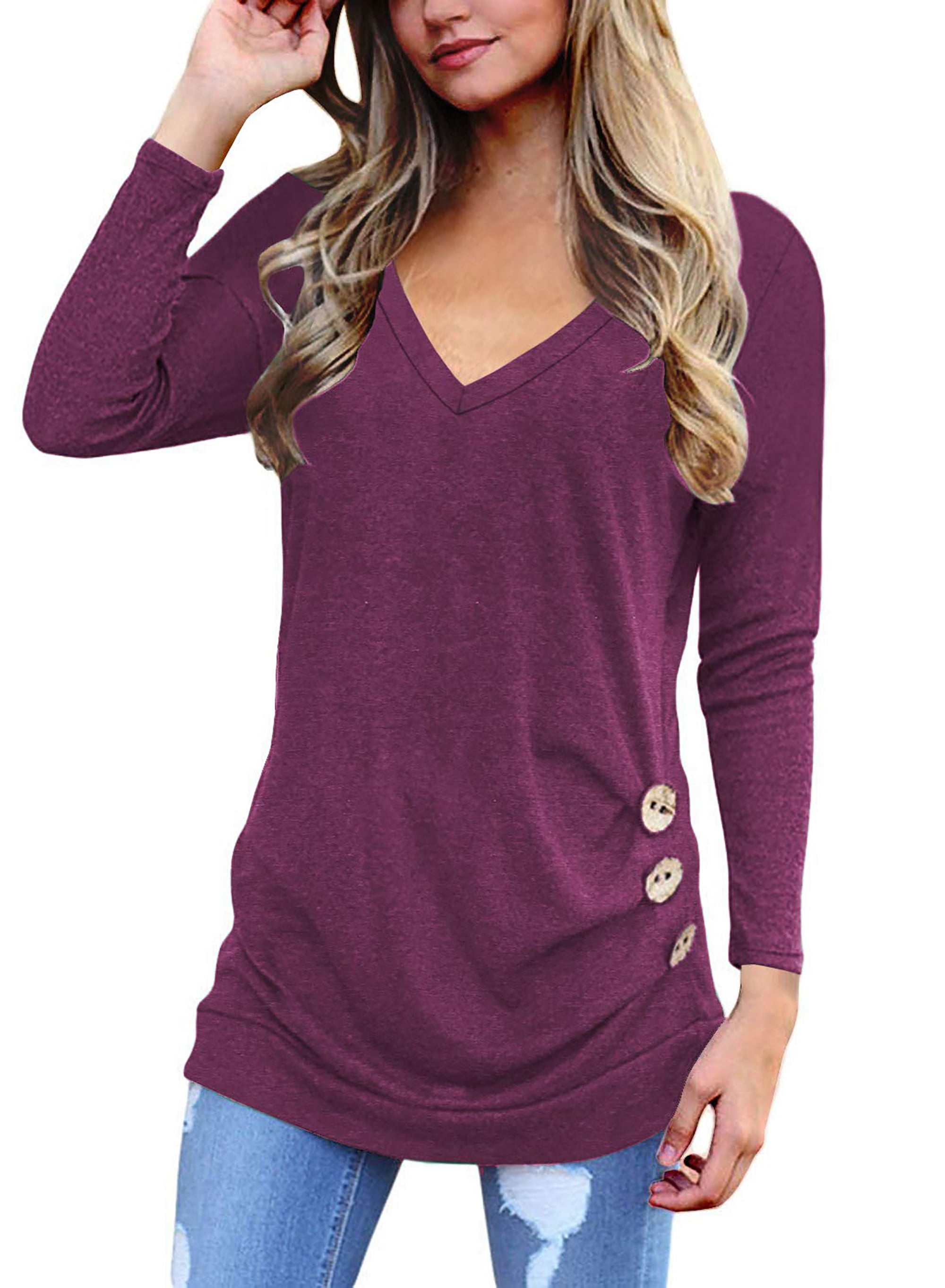 SHIBEVER Women Tops Fall Long Sleeve Tunics Tops Fashion Casual V Neck