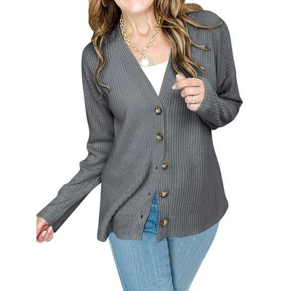 SHIBEVER Women Tops Fall Long Sleeve Shirts for Women Buttons Up V Neck Waffle Knit Lightweight Open Front Cardigan for Women Winter Clothes Grey S
