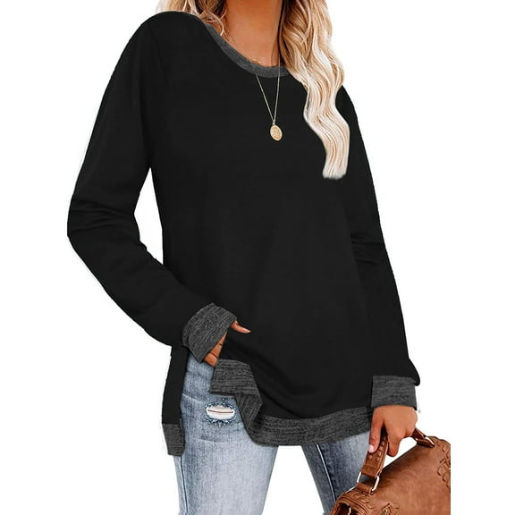 SHIBEVER Women Tops Long Sleeve Shirts Fall Tunic Crew neck Fashion Pullover Color Block Dressy Casual Loose Fit Side Slit Blouse Black