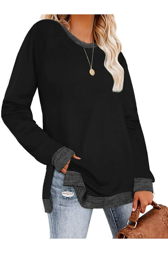 Women Tops Long Sleeve Shirts Fall Tunic Crew neck Fashion Pullover Color Block Dressy Casual Loose Fit Side Slit Blouse Black
