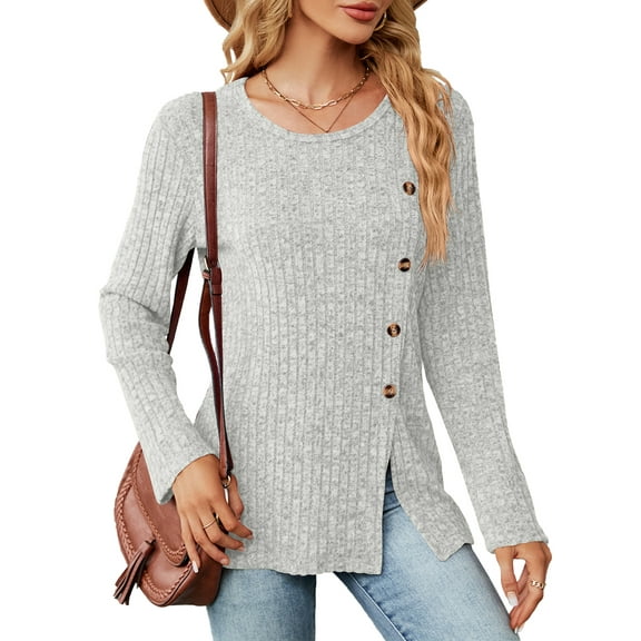 SHIBEVER Women Tops Plus Size Fall Casual Long Sleeve Knit Tunic Tops Crewneck Side Split Trendy Side Button Shirts for Women Size XXL