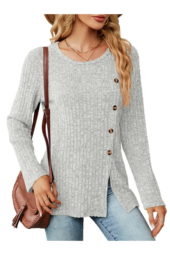 Women Tops Plus Size Fall Casual Long Sleeve Knit Tunic Tops Crewneck Side Split Trendy Side Button Shirts for Women Size XXL