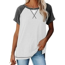 SHIBEVER Women Tops Short Sleeve T Shirts Summer Casual Tops Loose Fit Color Block Tunic Tops Side Split Striped Tops Crew Neck Ladies Blouses White L