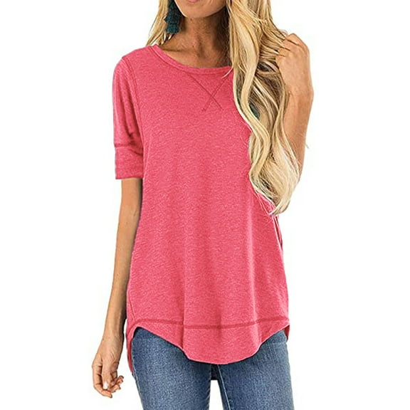 SHIBEVER Women Tops Summer Casual Crewneck Short Sleeve Fashion Loose Tunic Tops for Women Pink Blouse Stylish Clothing Size M