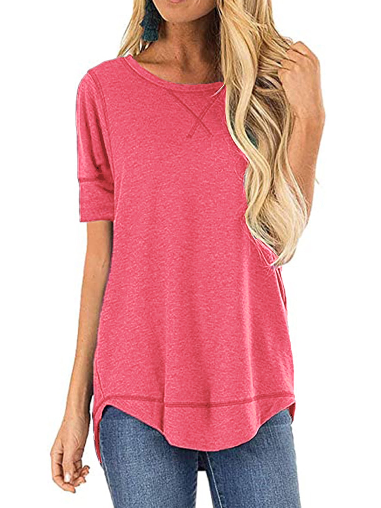 SHIBEVER Women Tops Summer Casual Crewneck Short Sleeve Fashion Loose Tunic Tops for Women Pink Blouse Stylish Clothing Size XL