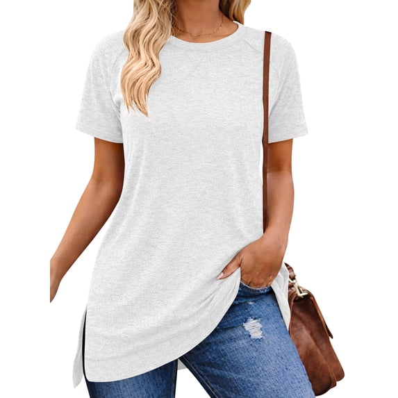 SHIBEVER Women Tops Summer Short Sleeve T Shirts Casual Loose Tunic Tops Side Split Ladies Comfortable Crewneck Tops Blouse White L