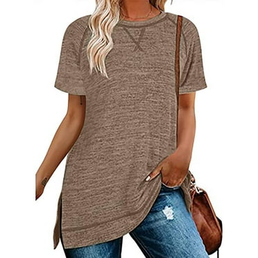 SHIBEVER Women Tops Summer Short Sleeve T Shirts Casual Loose Tunic Tops Side Split Ladies Top Comfortable Crewneck Tops Coffee L