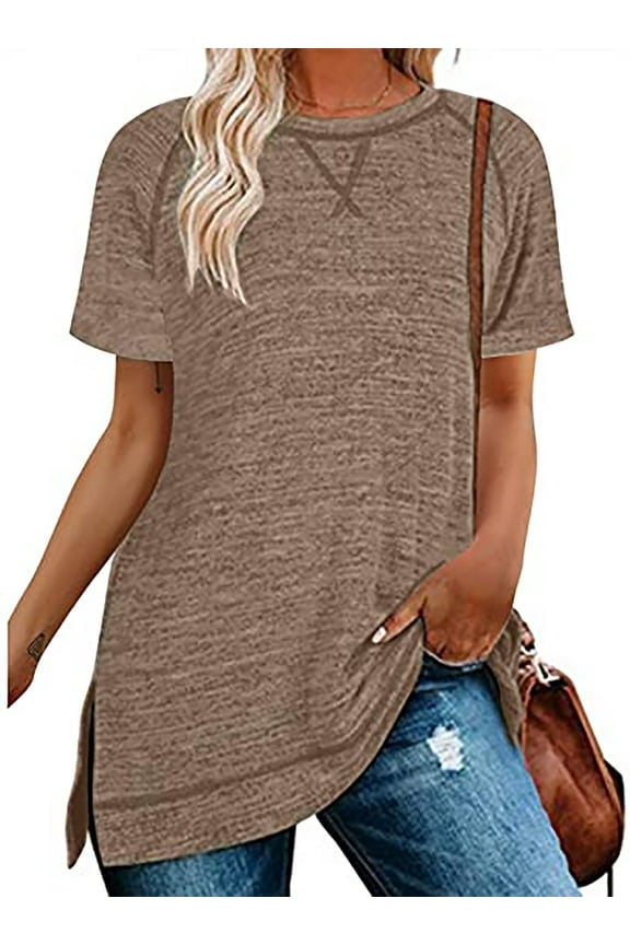 Women Tops Summer Short Sleeve T Shirts Casual Loose Tunic Tops Side Split Ladies Top Comfortable Crewneck Tops Coffee L