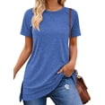 thumbnail image 1 of SHIBEVER Women Tops Summer Short Sleeve Tops Casual Loose Side Split Tunic Tops Ladies Comfortable Crewneck Tops Blouse Blue L, 1 of 9