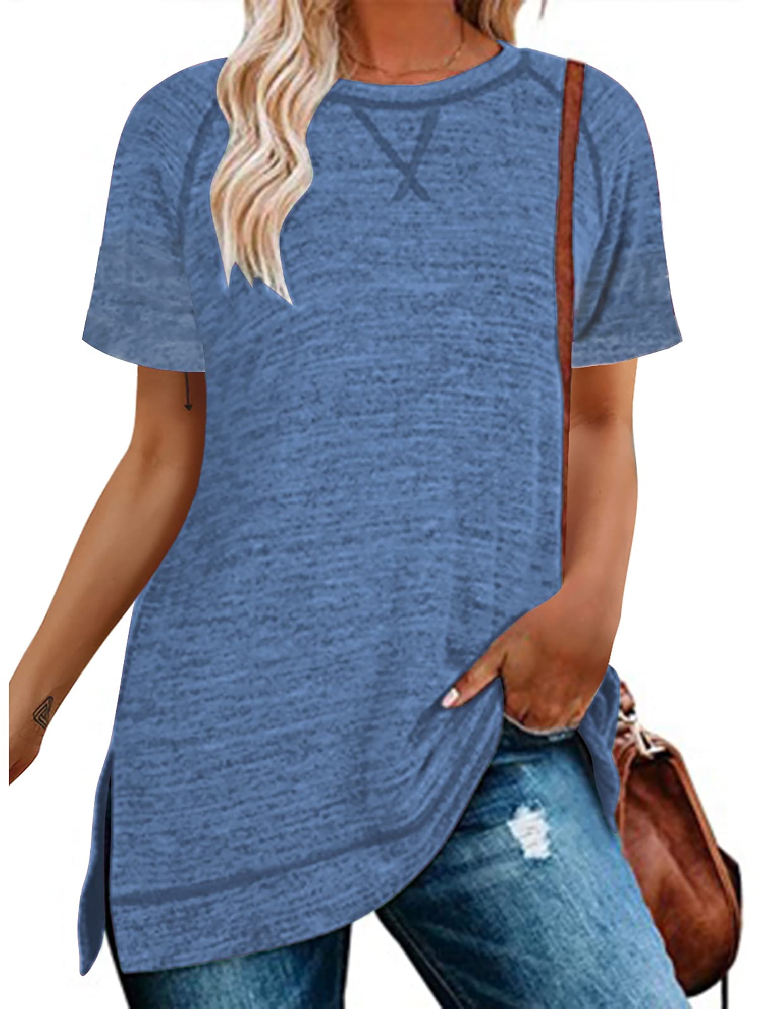 SHIBEVER Women Tops Summer Short Sleeve Tops Casual Loose Side Split Tunic Tops Ladies Comfortable Crewneck Tops Blouse Blue L