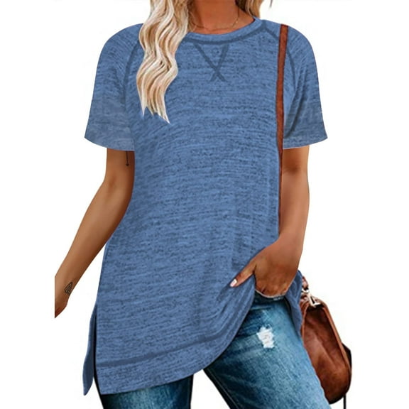 SHIBEVER Women Tops Summer Short Sleeve Tops Casual Loose Side Split Tunic Tops Ladies Comfortable Crewneck Tops Blouse Blue L
