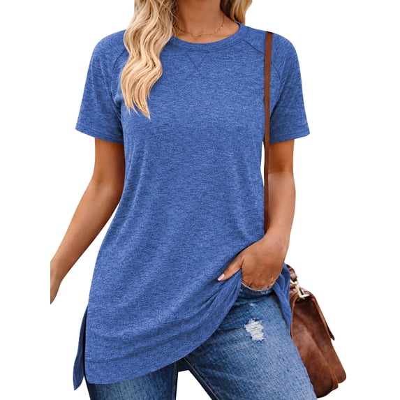 SHIBEVER Women Tops Summer Short Sleeve Tops Casual Loose Side Split Tunic Tops Ladies Comfortable Crewneck Tops Blouse Blue M