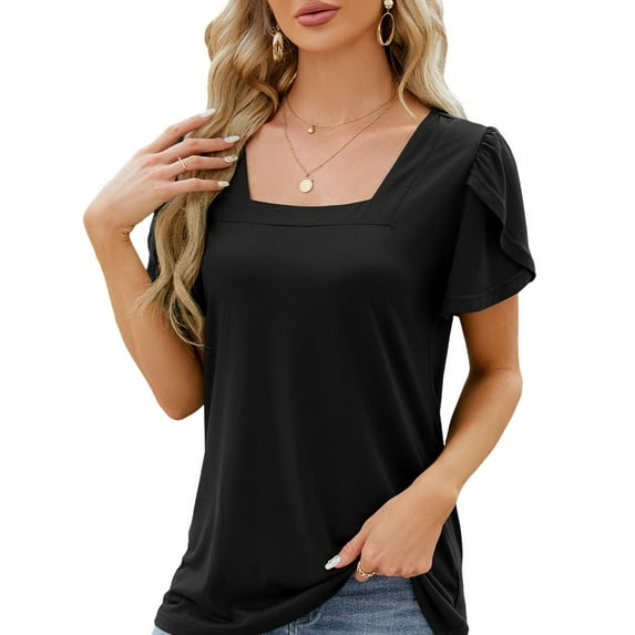 SHIBEVER Women Tops Summer Trendy Square Neck Leisure Petal Sleeve Blouse Loose Solid Color Tee Ladies Blouses Black Tshirt Size S