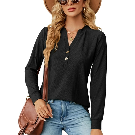 SHIBEVER Women's Fall Tops Casual Long Sleeve Shirts Loose Fit Tunic Tops Basic V Neck Sweatshirts Trendy Button Down Solid Color Black Size S