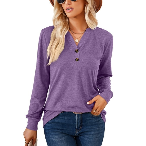 SHIBEVER Fall Shirts for Women Long Sleeve Tops with Button Down Casual Blouse Loose Fit V-Neck Tunics Trendy Solid Color Purple Size S
