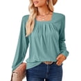 thumbnail image 1 of SHIBEVER Women's Long Sleeve Tops Casual Pleated Blouse Loose Fit Square Neck Tunics Trendy Solid Color Green Size XL, 1 of 5