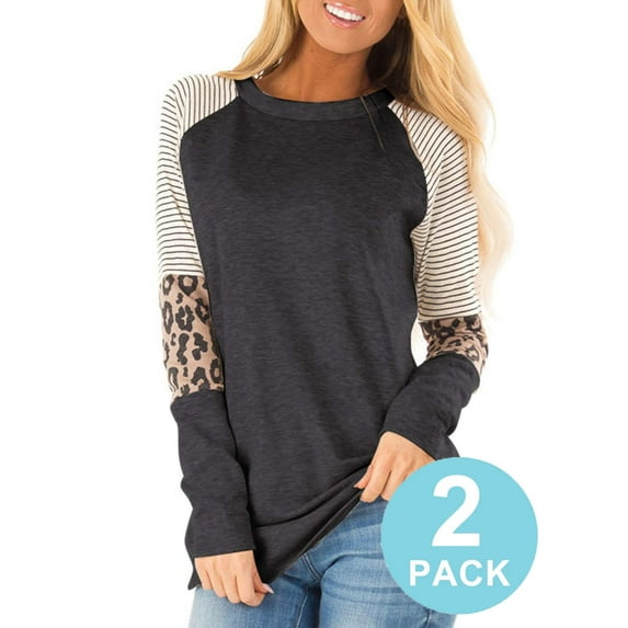 SHIBEVER Women's Long Sleeve Tops Round Neck T-Shirts for Women Fall Fashion Leopard Print Tops Casual Workout Loose Tunics Tops Blouses Grayblack Pack of 2