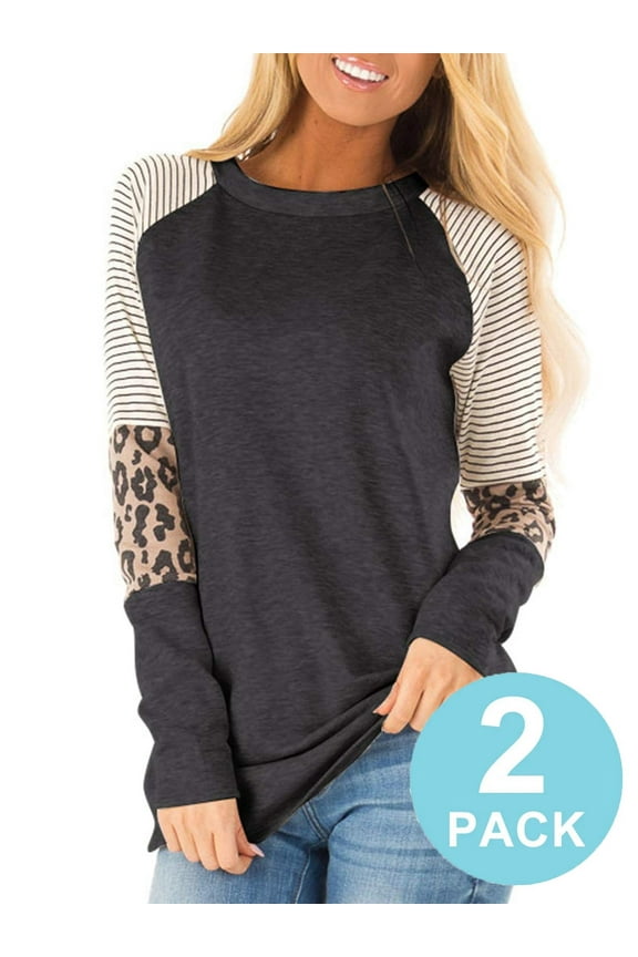 Women's Long Sleeve Tops Round Neck T-Shirts for Women Fall Fashion Leopard Print Tops Casual Workout Loose Tunics Tops Blouses Grayblack Pack of 2