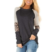 SHIBEVER Women's Long Sleeve Tops Round Neck T-Shirts for Women Fall Fashion Leopard Print Tops Casual Workout Loose Tunics Tops Gray Black Blouses Size L