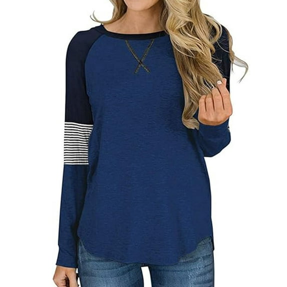 SHIBEVER Women's Striped Print Color Block Tops Round Neck Long Sleeve Tunic Shirts Fashion Causal Dark Blue Blouses Tops Size M