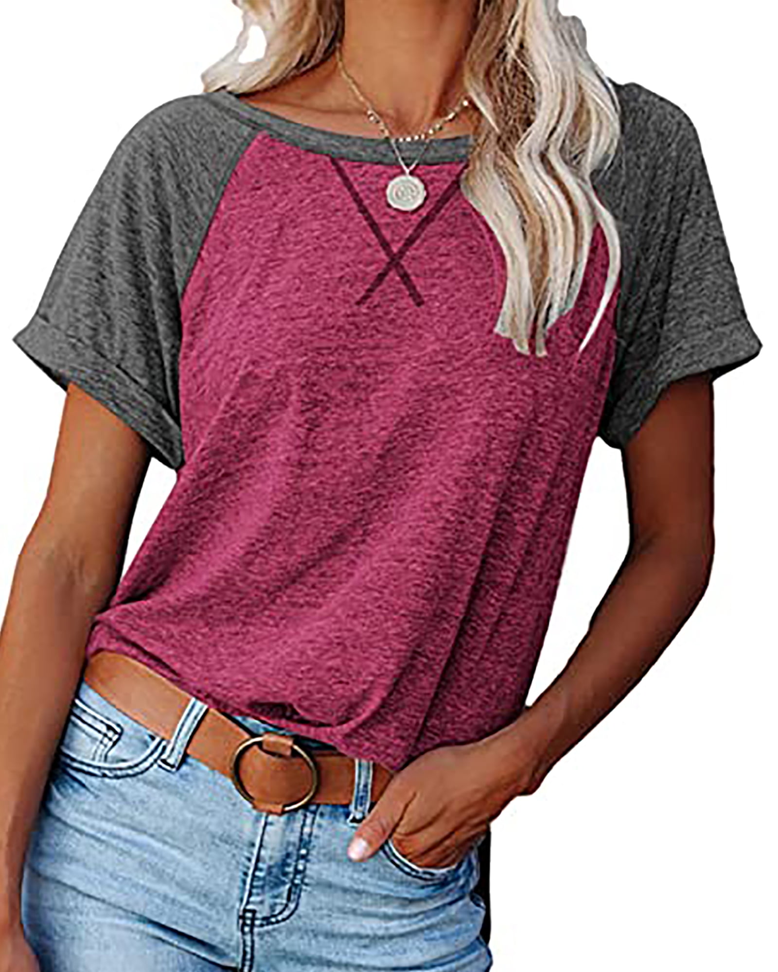 SHIBEVER Women's Tops Summer Short Sleeve T Shirts Casual Loose Side ...