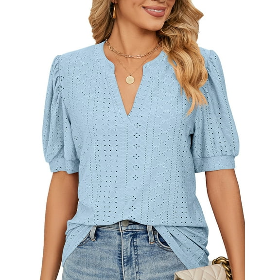 SHIBEVER Women's Tops Summer V Neck Tops Puff Sleeve Tunic Casual Eyelet Top Loose Shirts Solid Color Blue Size S
