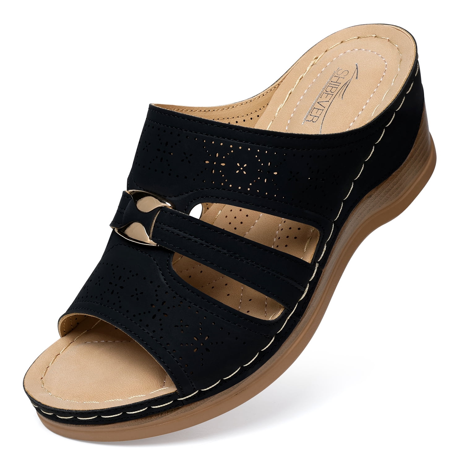 SHIBEVER Women's Wedge Sandals Open Toe Summer Black Wedge Sandal for ...