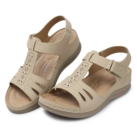 SHIBEVER Women's Wedge Sandals Boho Beach Summer Velcro Strap Wedge Sandal for Woman Walking Casual Trendy Elegant Lady Shoes Khaki