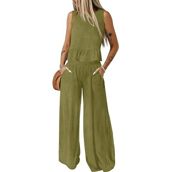 SHIBEVER Womens 2 Piece Outfits Sets Set Wide Leg Pants Tracksuits Round Neck Tank Tops Matching Sets for Womens Clothes Elastic Waist Wide Leg