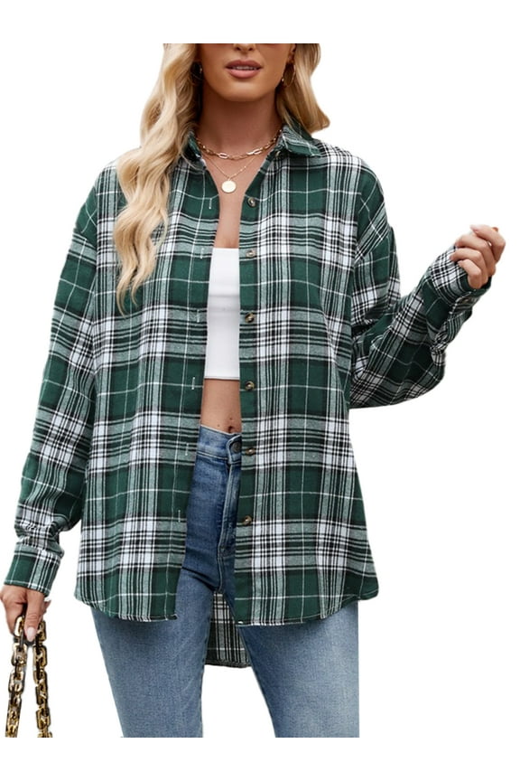 Womens Blouse Long Sleeve Oversized Flannel Plaid Soft Button Down fashion Shirt Roll Up Plaid tops