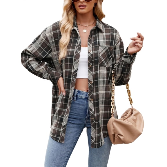 SHIBEVER Womens Blouse Long Sleeve Oversized Flannel Plaid Soft Button Down fashion Shirt Roll Up Plaid tops