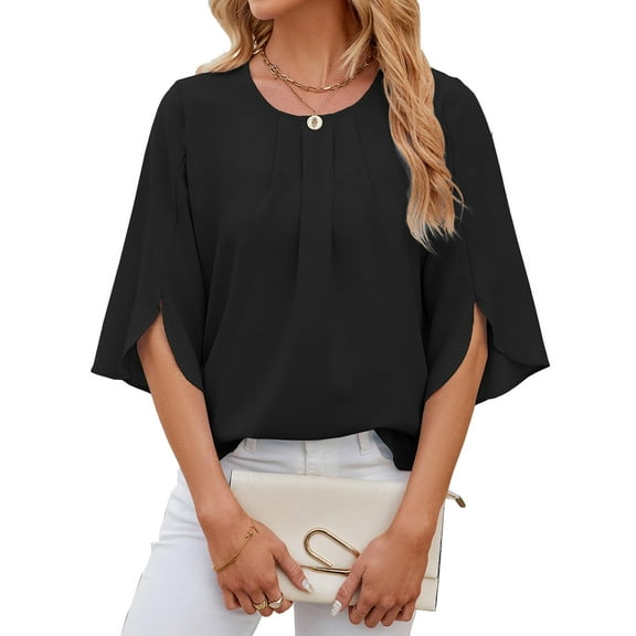 SHIBEVER Womens Blouses Summer Tops Casual Dressy T Shirts Pleated Scoop Neck 3/4 Sleeve Office Work Chiffon Shirts Tops Black