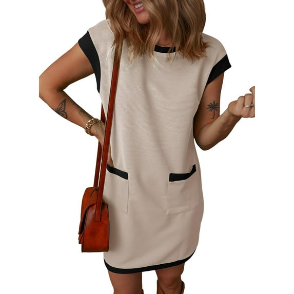 SHIBEVER Womens Casual Summer Dresses Fashion Cap Sleeve Color Block Crewneck Tshirt Mini Dress for Womens Clothes Midi Dress with Pockets Ribbed Sundress T shirts Dresses