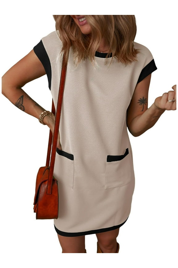 Womens Casual Summer Dresses Fashion Cap Sleeve Color Block Crewneck Tshirt Mini Dress for Womens Clothes Midi Dress with Pockets Ribbed Sundress T shirts Dresses