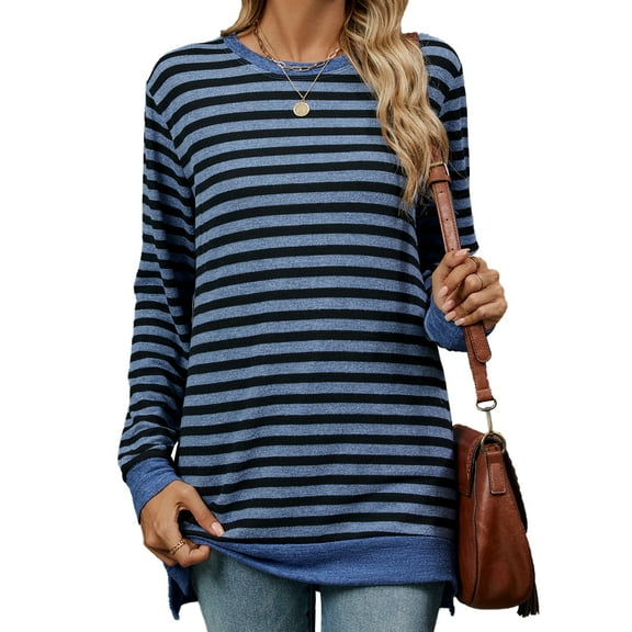 SHIBEVER Womens Striped tops plus size Crew neck Pullovers long sleeve shirt Color Block Side Split fall Tunic Tops for women colthes