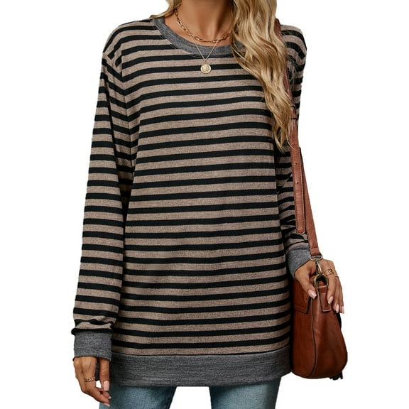 SHIBEVER Womens long sleeve tops Striped sweater plus size Crewneck Pullovers long sleeve shirt Color Block Side Split Tunic Tops for women