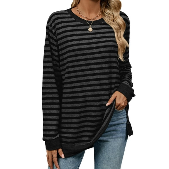 SHIBEVER Womens Striped tops plus size Crew neck Pullovers long sleeve shirt Color Block Side Split fall Tunic Tops for women colthes