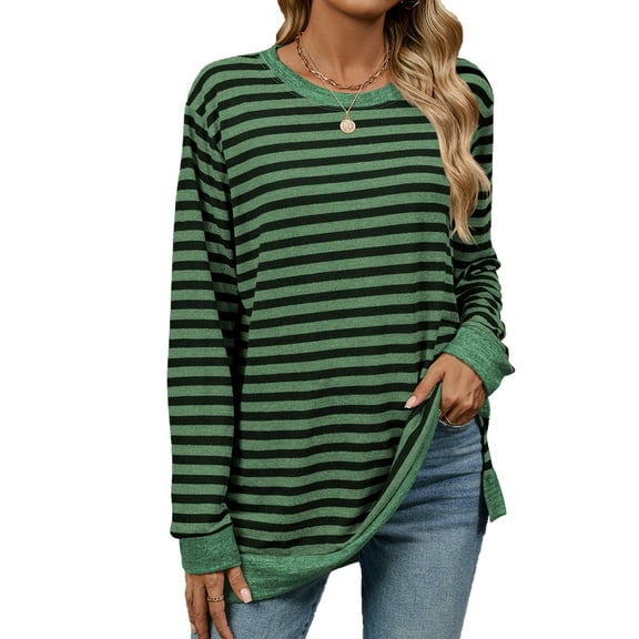 SHIBEVER Womens long sleeve tops Striped sweater plus size Crewneck Pullovers long sleeve shirt Color Block Side Split Tunic Tops for women